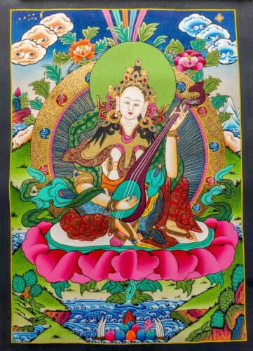 Saraswati Hindu Goddess Thangka Art | Handmade in Nepal | Free Shipping - Foto 1 di 6