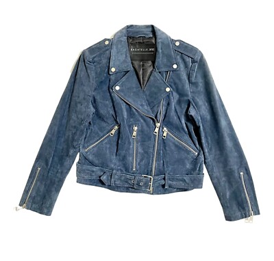 Bagatelle Blue Suede Leather Moto Jacket Zip Cropped SZ L NWT Defect