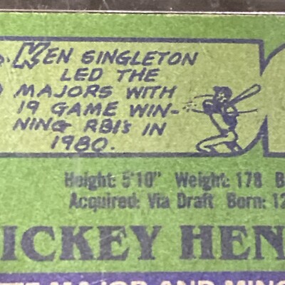 1982 Topps Rickey Henderson #610 Error Card In NEAR MINT CONDITION