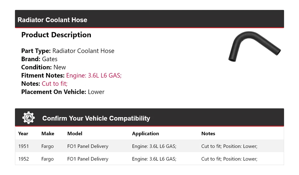Manguera de refrigerante de radiador de entrega de panel Fargo FO1 1951-1952 puertas inferiores Foto 2 de 4