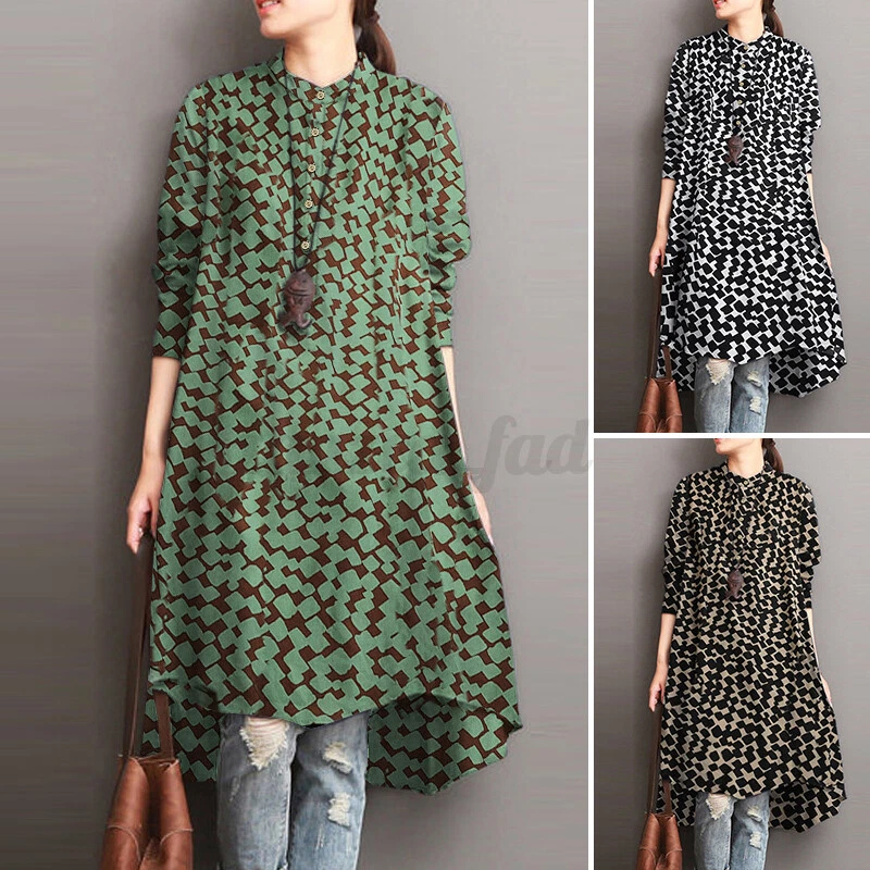 UK Women Long Sleeve A Line Printed Tops Caftan Shirts Dress High Low Hem  Blouse