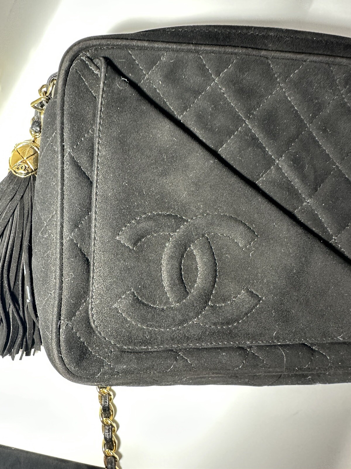 RARE 90s Chanel Black Suede Quilted Shoulder Bag W/Ta… Gem