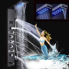 Contemporary Shower Panel Tower System Stainless Steel 6-Function Faucet LED Rai