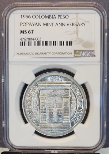 1956 COLOMBIA SILVER 1 PESO POPAYAN MINT ANNIVIVERSARY NGC MS 67 GEM BU TOP POP