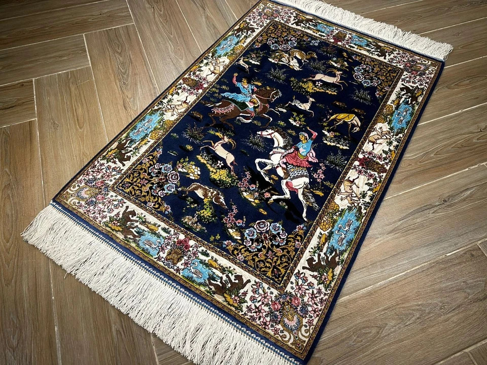 Alfombra de seda de alta calidad colgante de pared alfombra de caza de seda ilustrada alfombra 90 x 60 cm Foto 2 de 4