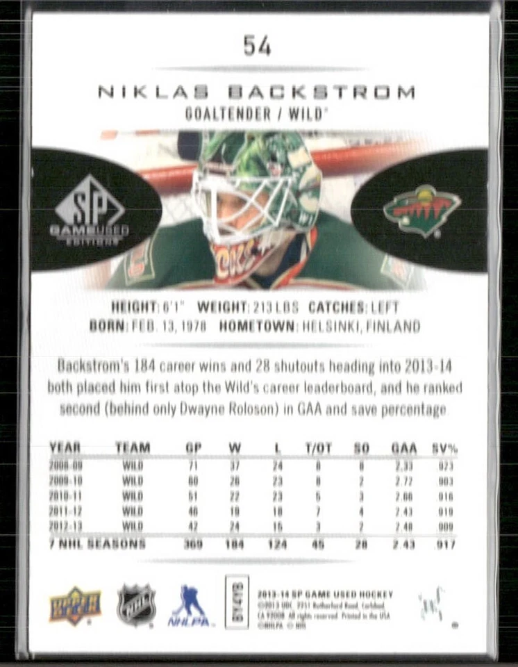 2013-14 SP Game Used Edition - Niklas Backstrom #54 - Image 2 of 2