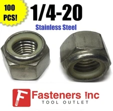 (Qty 100) 1/4-20 Stainless Steel Nylon Insert Lock Hex Nut UNC Nylock