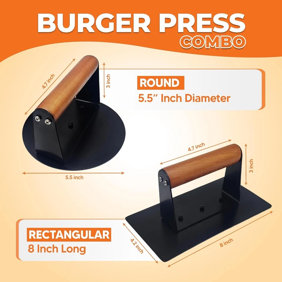 Prensa de hamburguesas con mango de madera 2 piezas - Prensa de carne redonda de 5,5" y rectangular de 8,03 x 4,2" Foto 3 de 4