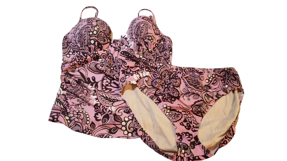 Newport News Traje de Baño 2 Piezas Natación Talla 14 Floral Rosa Marrón Sujetador Incorporado Verano Foto 2 de 4