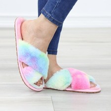 Pastel Rainbow Crisscross Slippers Open Toe Plush Cozy Indoor Slides