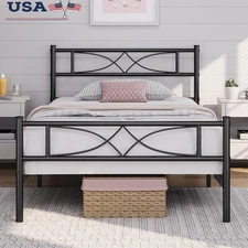 Twin Size Bed Frame Metal Platform Bed with Curved Design Headboard Footboard