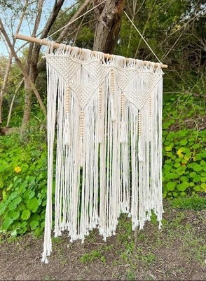 Large Boho Macrame Wall Hanging w/ Wood Beads | Handmade Fiber Art Decor