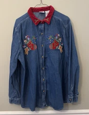 VTG Bobbie Brooks Denim Shirt Women XL Button Down Embroidered Christmas