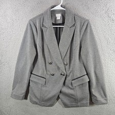 Chico's Double Breasted Herringbone Blazer Faux Leather Trim Black White Size 1