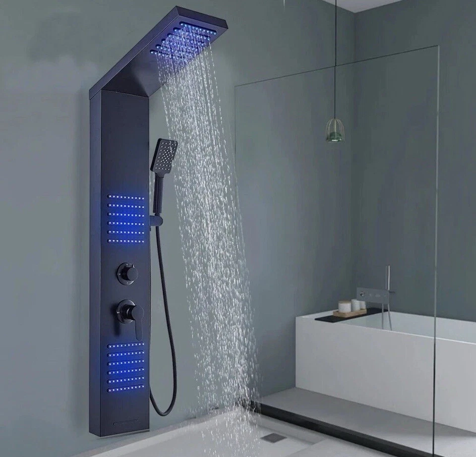 Sistema de torre de panel de ducha negro mate juego de grifos chorros de masaje lluvia y cascada Foto 3 de 4