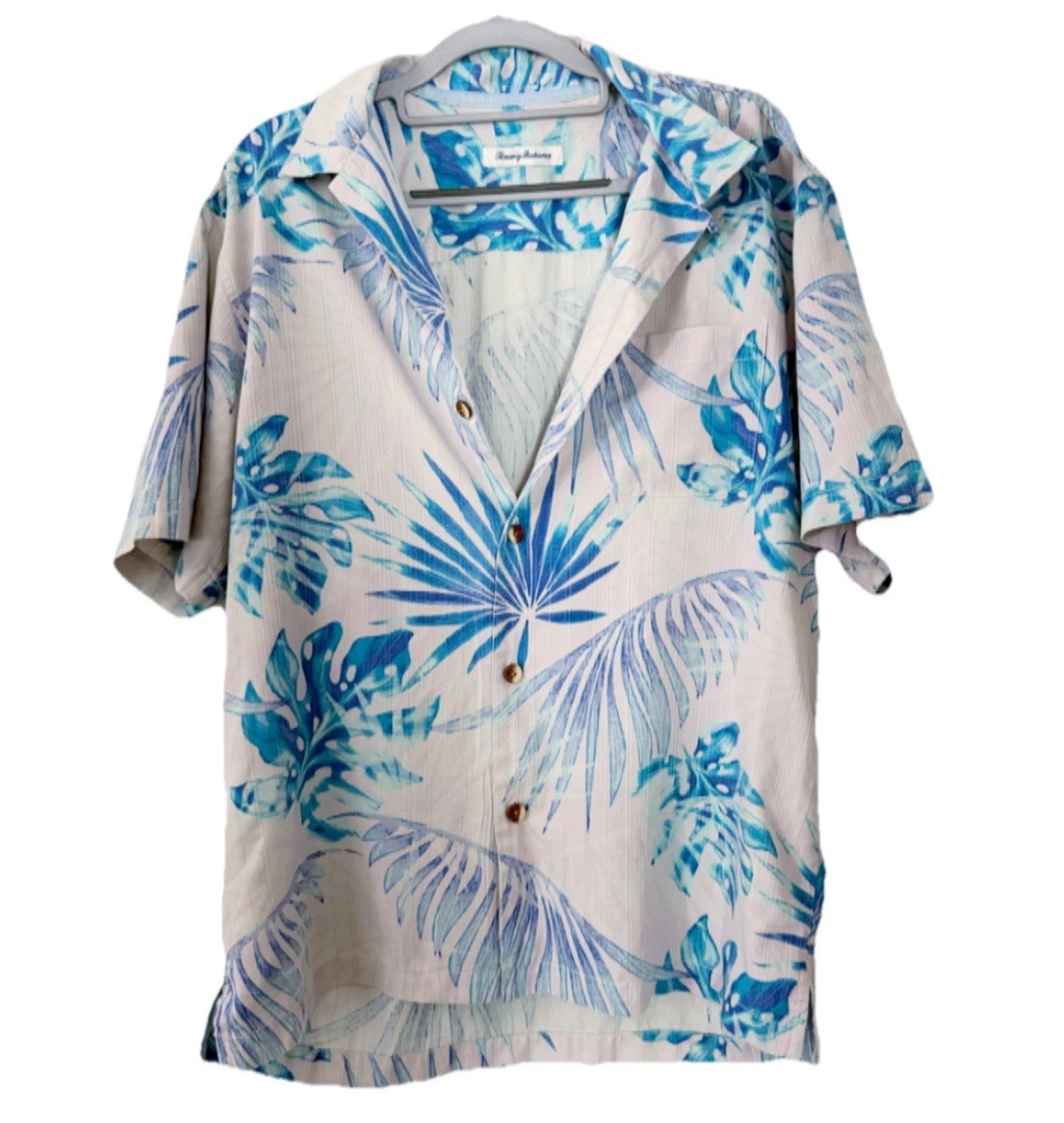 Tommy Bahama Mens M Silk Coolmax Blue Palm Floral Hawaiian Camp Shirt Button Up
