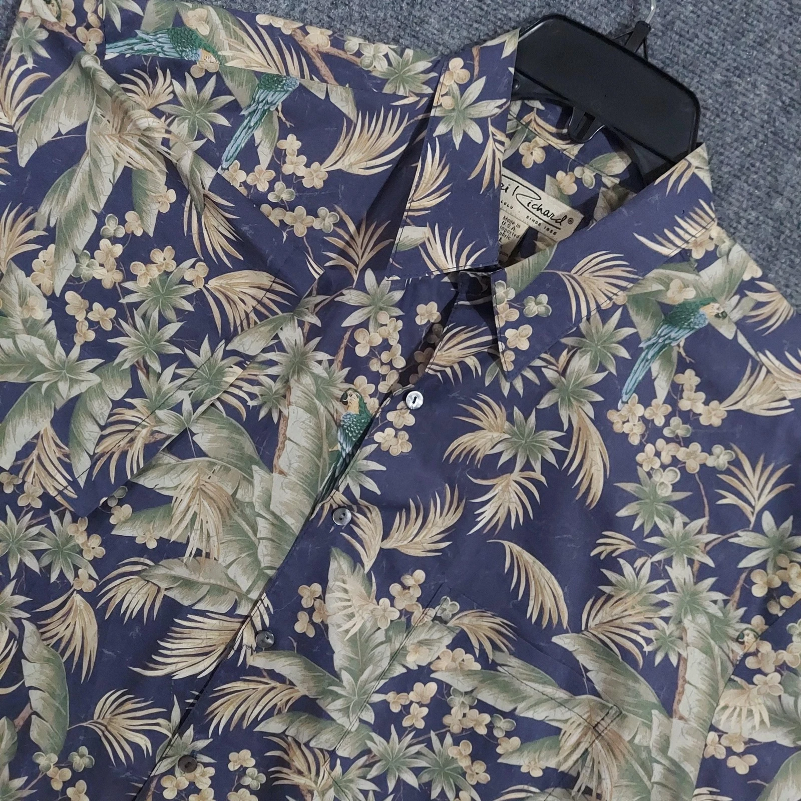 Tori Richard Shirt Mens Large Blue Hawaiian Cotton Lawn Tropical Parrot Aloha