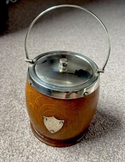 Vintage Oak Barrel Ice Bucket EPNS Handle Porcelain Lined Barware