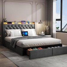 Full/Queen LED Bed Frame with Headboard and 2 Storage Drawers,Charging Station