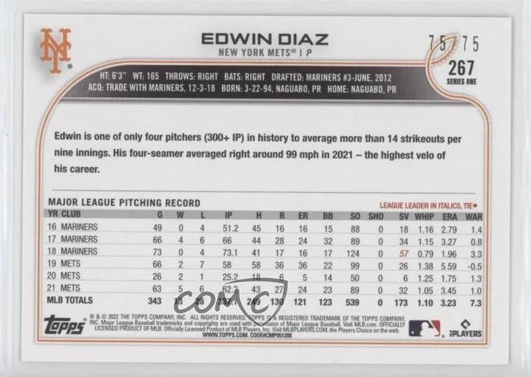 2022 Topps Series 1 1st Edition Orange /75 Edwin Diaz #267 - Image 2 of 2