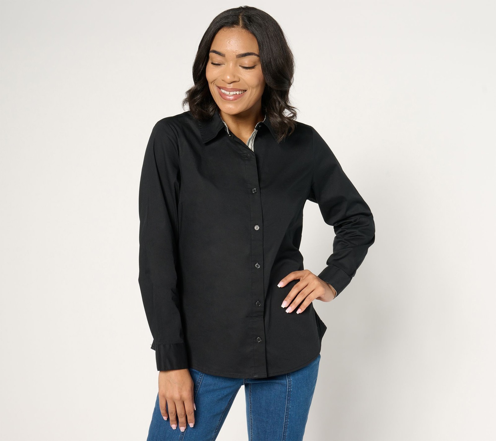 Denim & Co. Women's Top Sz M Printed Poplin Button Front Shirt Black A671825