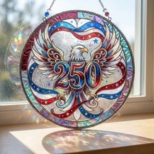 USA 250th Anniversary Eagle Glass Suncatcher Patriotic Window Hanging Home Decor