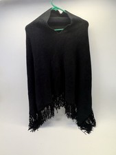 Black Knit Fringe Poncho Shawl Wrap Soft Acrylic Boho Fall Winter One Size