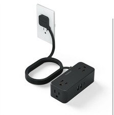 5 Ft Black Extension Cord with 4 AC Outlets and 3 USB Ports, Flat Plug