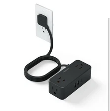 5 Ft Black Extension Cord with 4 AC Outlets and 3 USB Ports, Flat Plug