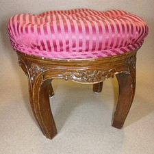 Antique French Victorian Louis XV Style Vanity Stool Carved Mahogany Upholstered