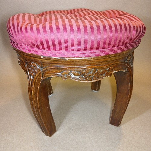 Antique French Victorian Louis XV Style Vanity Stool Carved Mahogany Upholstered