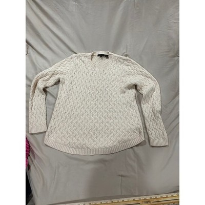 Jeanne Pierre Cream Cotton Cable Knit Crew Neck Sweater Womens XL Curved Hem