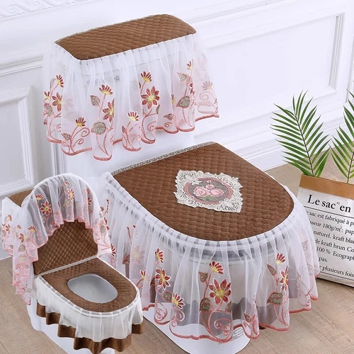 3 Pcs/set Floral Lace Mesh Velvet Toilet Seat Cover Zipper Lid Pads Protector - Picture 7 of 24