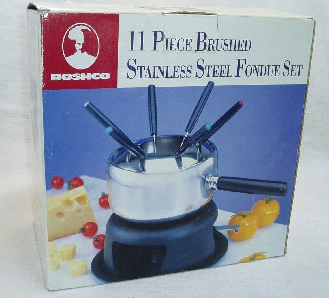 NIB ROSCHO 11 PC BRUSHED STAINLESS STEEL FONDUE SET, Chocolate, Cheese & More