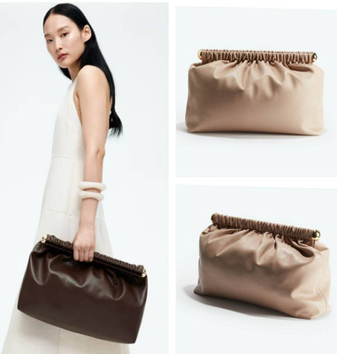 H&M Coated Clutch Bag Flex Frame Pouch 2 Color Beige / Dark Brown Lined