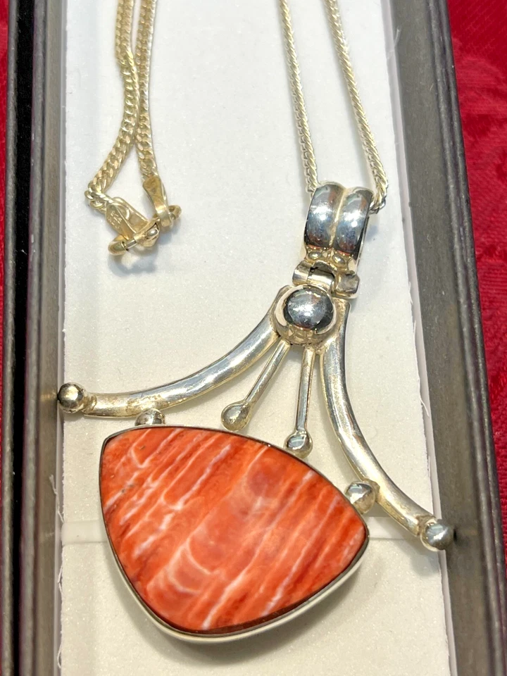 Vintage Mex. Colgante de plata de ley 950 concha de ostra espinosa con guijarros 20" L cola de zorro Foto 4 de 4