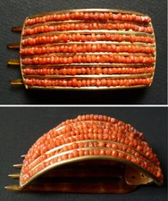 Peigne barrette pour cheveux corail et métal doré Bijou ancien corallo comb