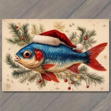 Art Print Blue Fish Wearing Santa Claus Hat Winter Holiday Festive Christmas