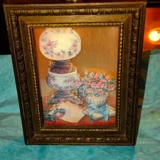 Handmade3D vintage shadow box of a table lamp flowers and a notepad