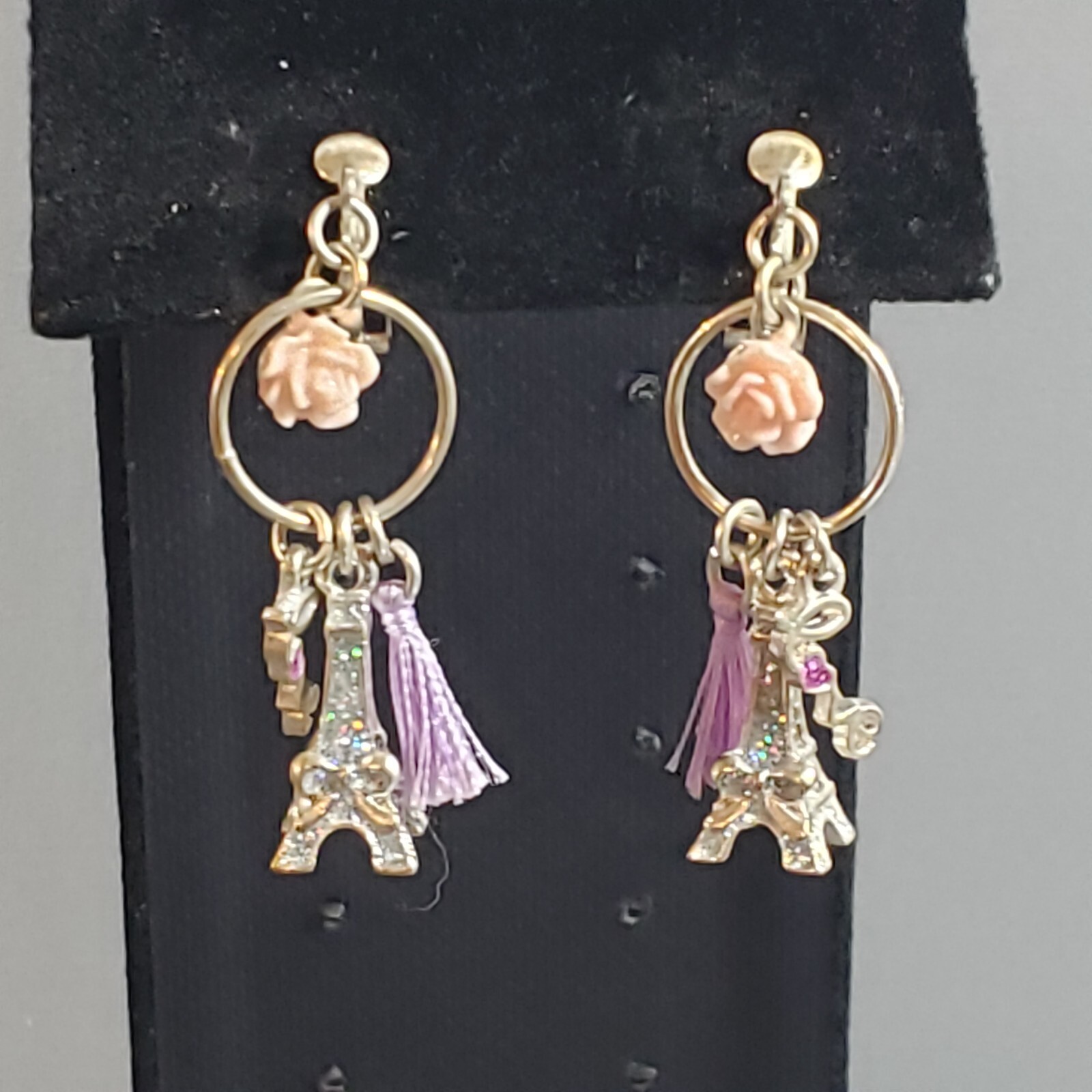 Clip On Dangle Earrings Eiffel Tower Charms Mid Century Retro Modern Boho 1.5