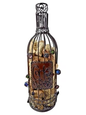 13.75" Decorative Marble Brown Bottle-Shaped Wire Wine Cork Holder w Corks