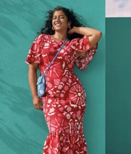 Rhode X Target Women's 10 Zinnia Floral Print Bell Sleeve Midi Dress Red/Pink