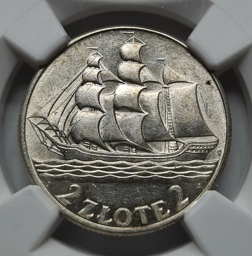 POLAND 2 zlote 1936 NGC AU 58 UNC Sailing Ship Gdynia Seaport Silver Eagle #2