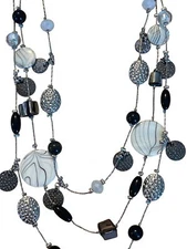 Multi-Strand Layered Stone & Metal Necklace With White & Black Beads