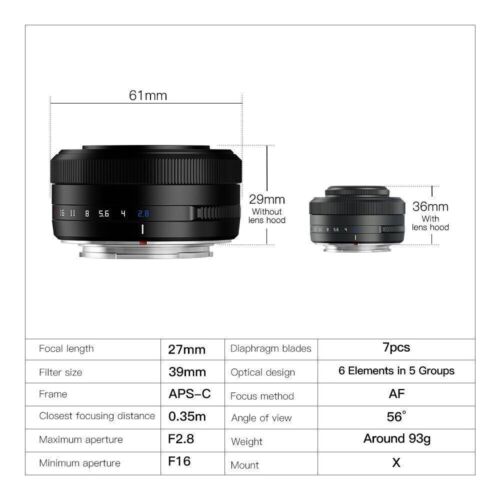 TTArtisan 27mm F2.8 XF Auto focus Lens for Fujifilm X-Mount X-T30 X-PRO1 X-PRO 2 - Picture 8 of 16