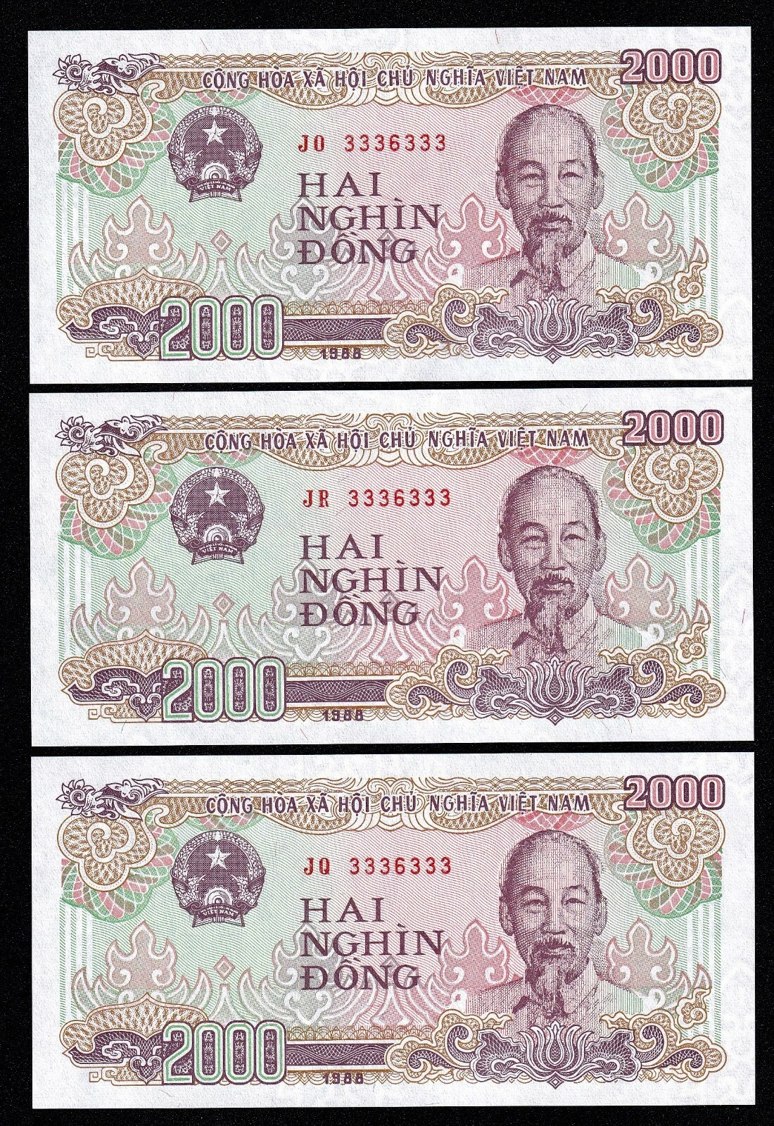 3pcs Vietnam 2000 dong 1988 3336333 UNC Super radar Goedkoop koopje, kwaliteitsgarantie