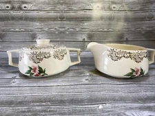 Vintage EVERBRITE Fine China MCM Creamer Sugar Beautiful Pink Flowers 22k Gold