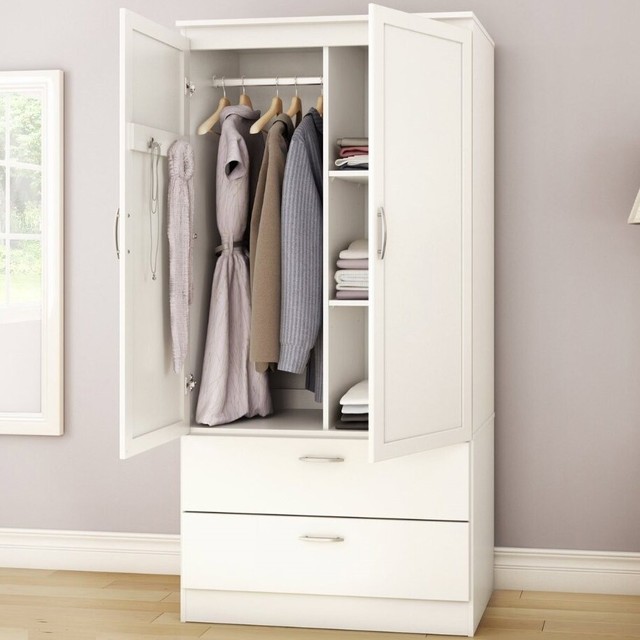 White Armoire Bedroom Clothes Storage Wardrobe Cabinet With 2