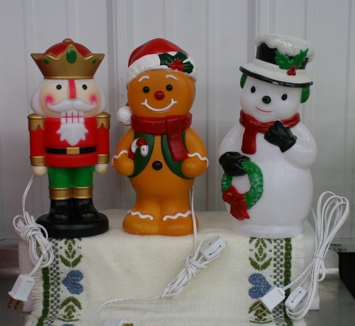 3 Blow Mold Christmas Pathway Lights Table Top 11" snowman gingerbread Soldier *