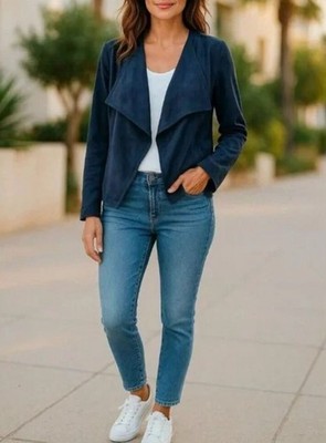J. Jill Faux Suede Open Draped Cardigan Jacket Navy Blue Womens XS Boho